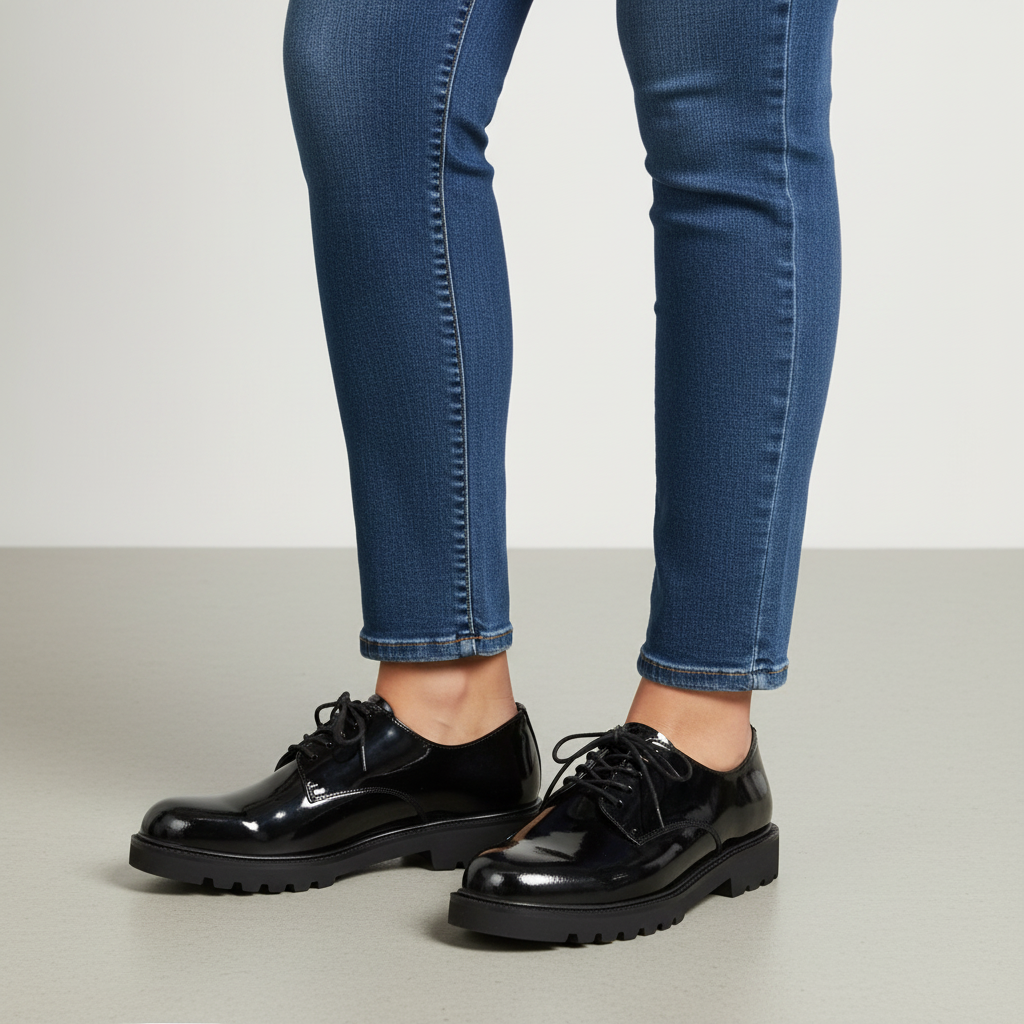 Black patent leather lace-up Derby shoes worn by female model