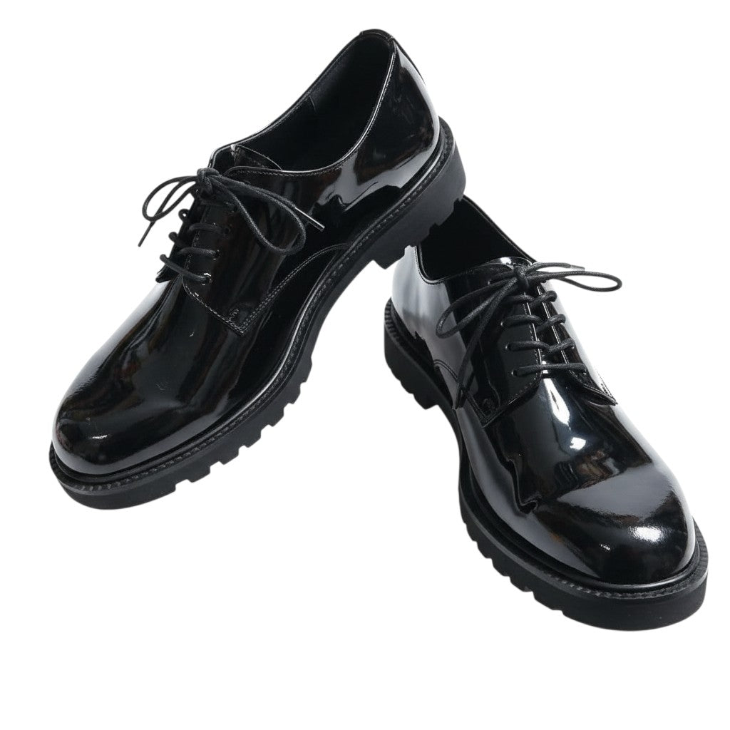 Black patent leather lace-up Derby shoes pair product reference