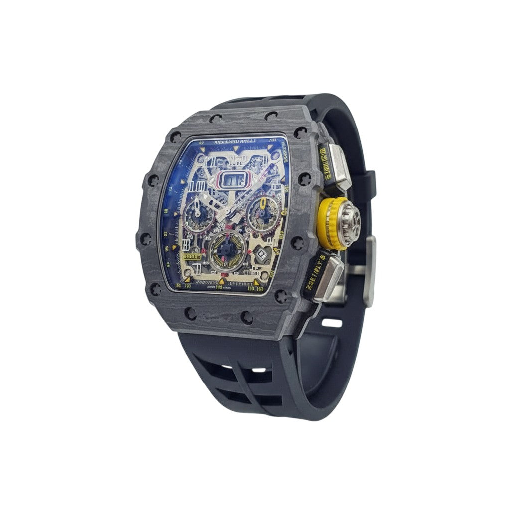 Skeleton Chronograph Watch with Black Strap & Yellow Accents
