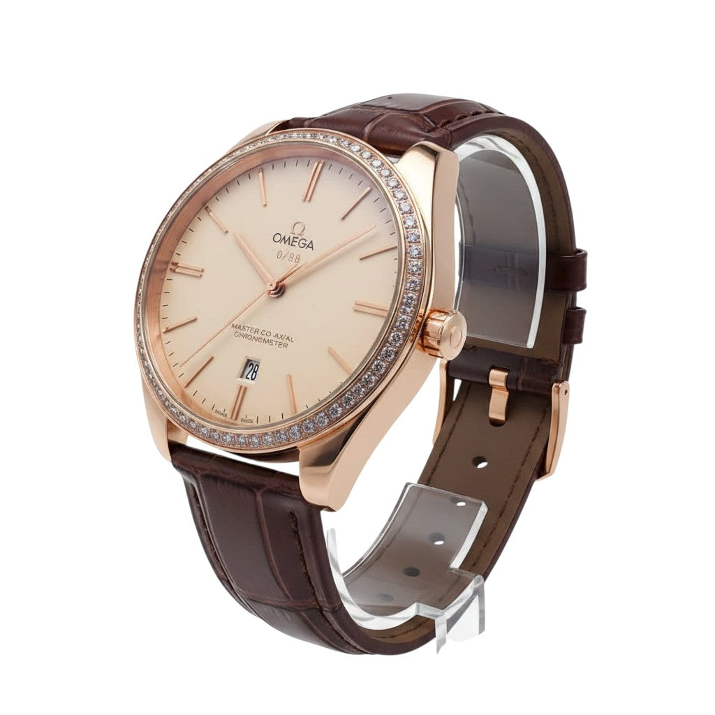 Rose Gold Diamond Bezel Dress Watch with Champagne Dial & Brown Leather Strap