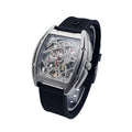 Silver Skeleton Tonneau Watch with Red Hands