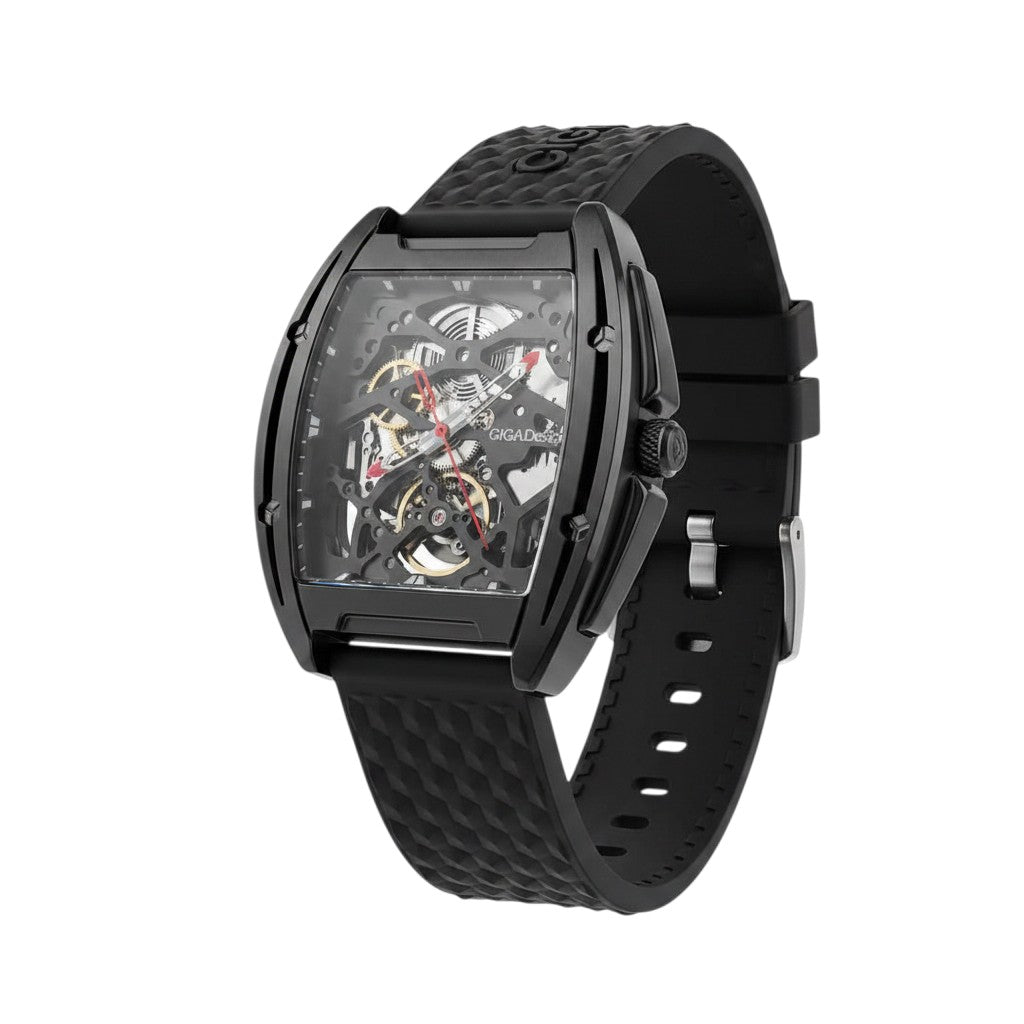 All-Black Skeleton Tonneau Watch with Red Hands