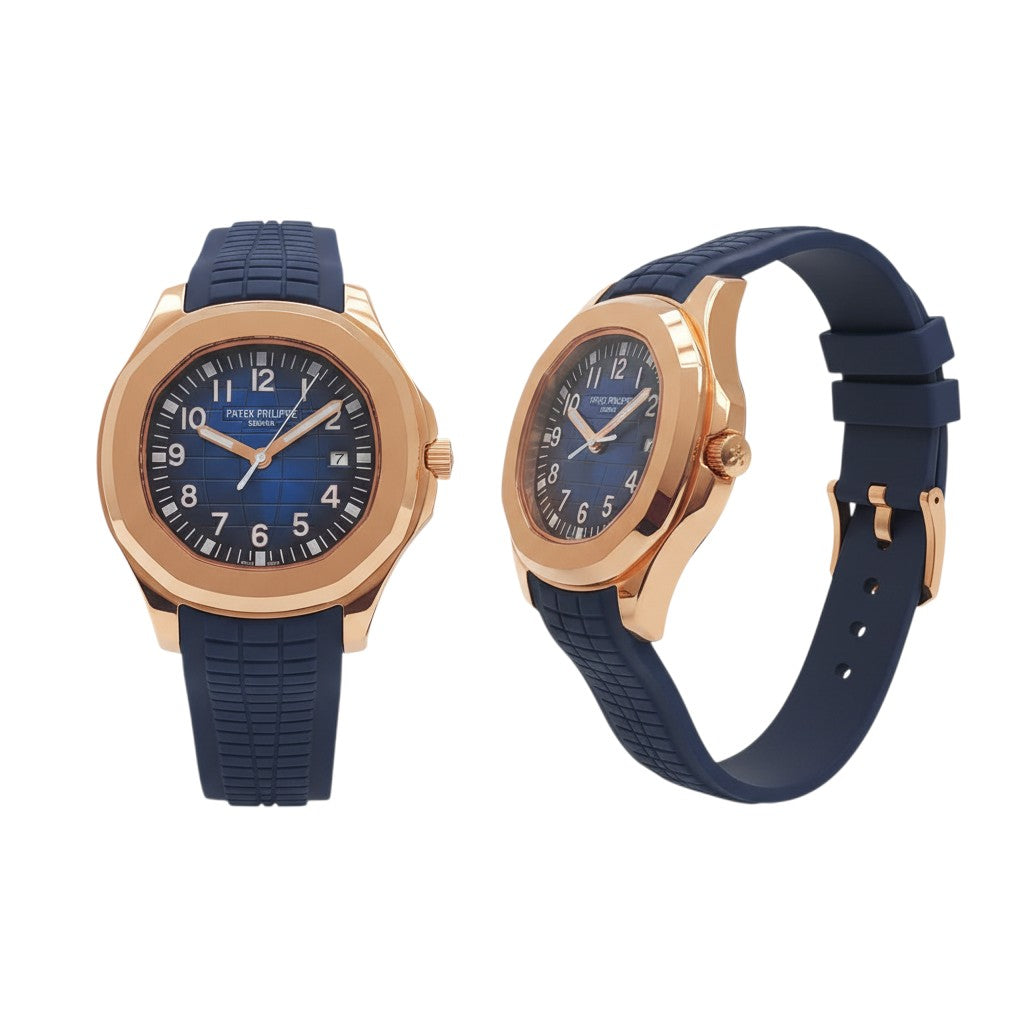 Rose Gold Navy Blue Dial Rubber Strap Men's Luxury Watch