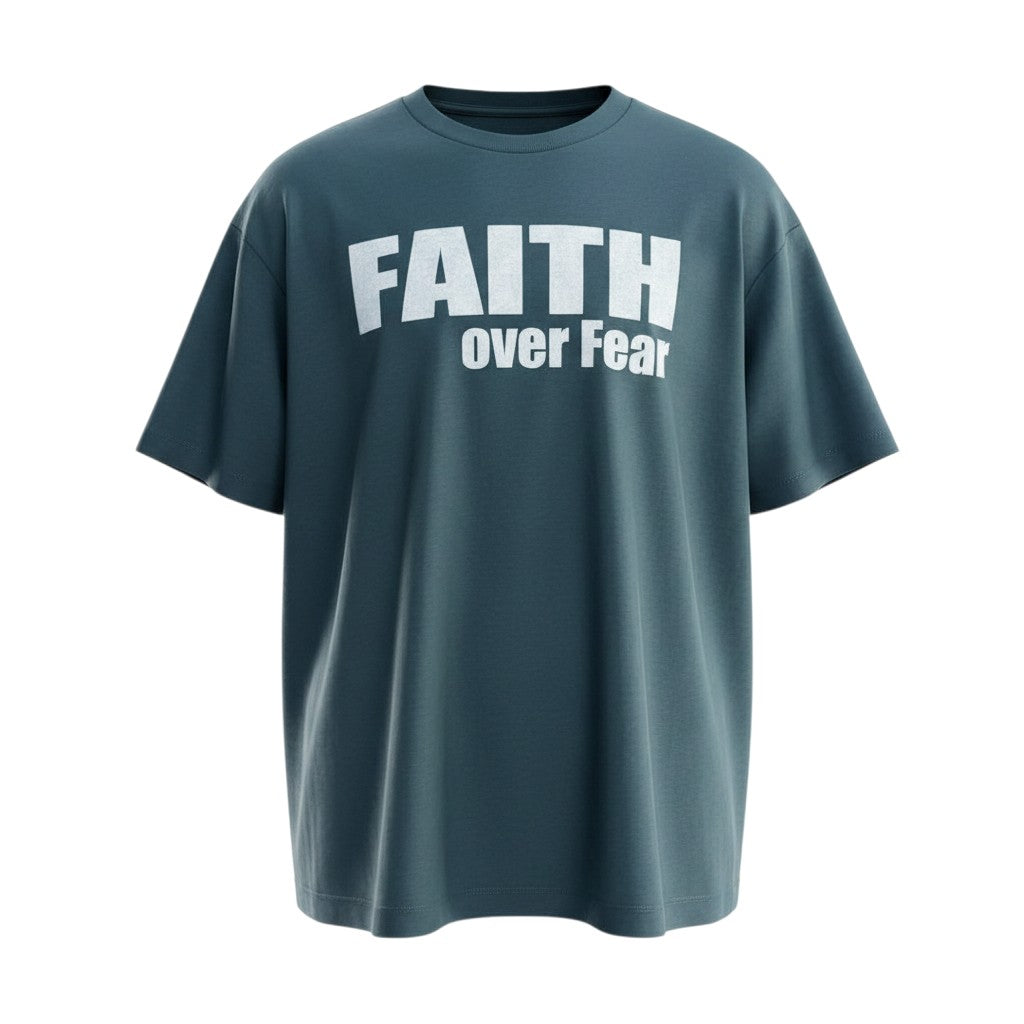 Faith Over Fear Oversized Graphic Tee – Steel Blue