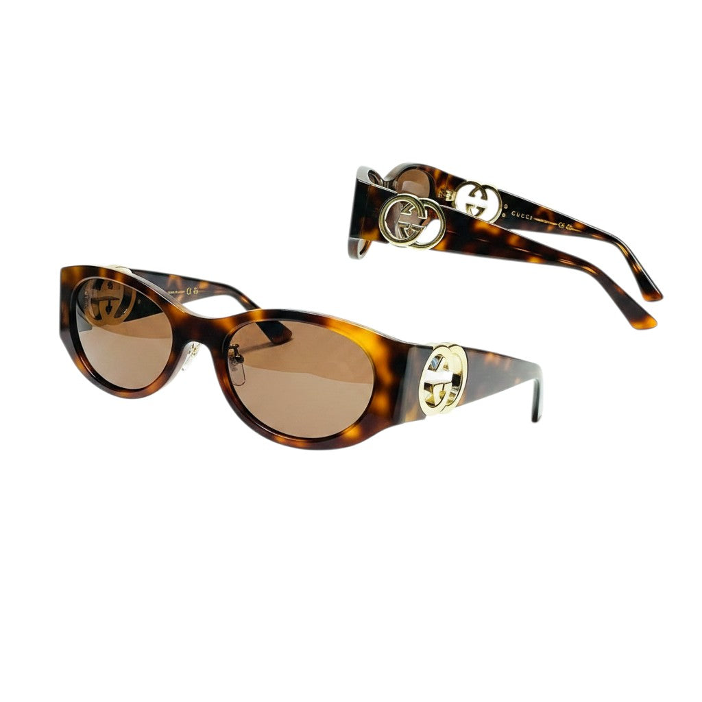 Slim Rectangular Sunglasses Tortoiseshell Gold Hardware Blue Lens