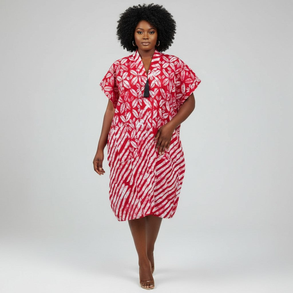 Women's Red & White Two-Tone Batik Bubu Gown