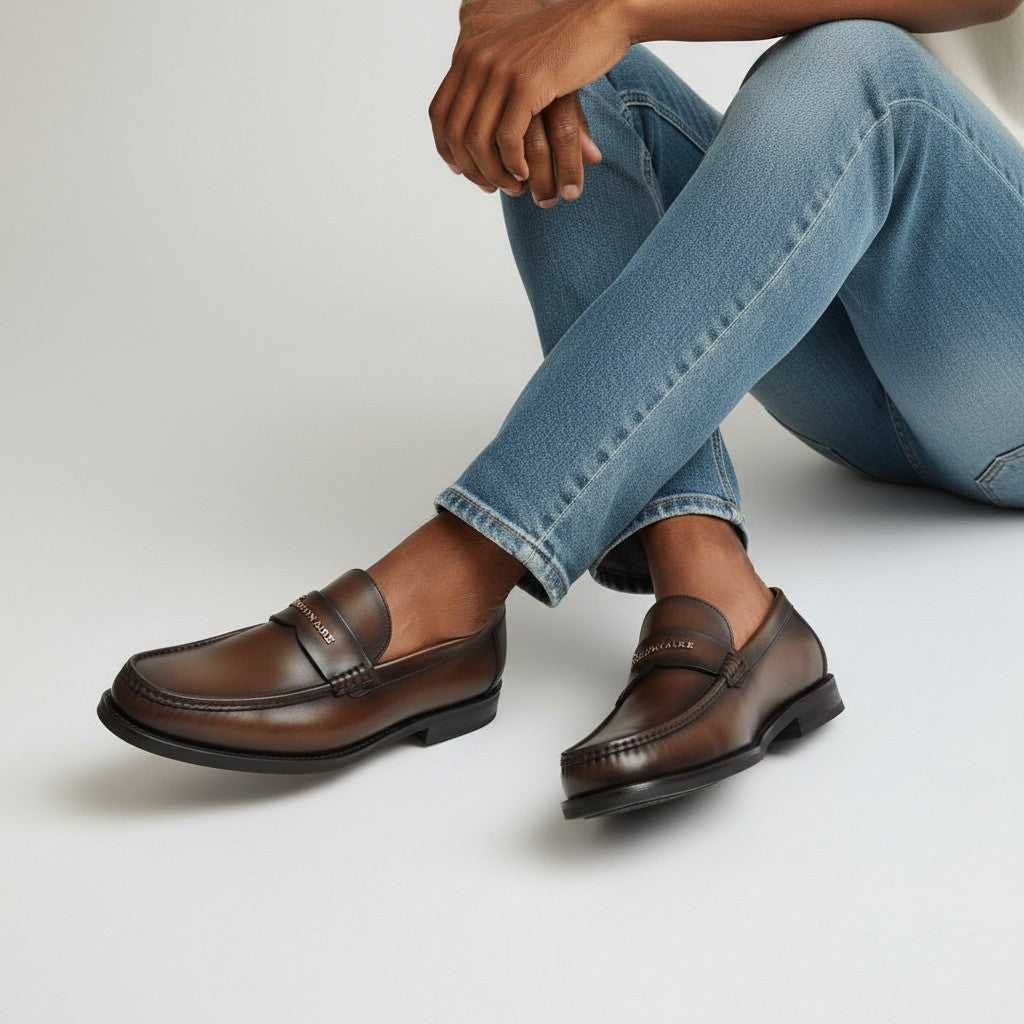 Tan Burnished Leather Scalloped-Strap Loafer
