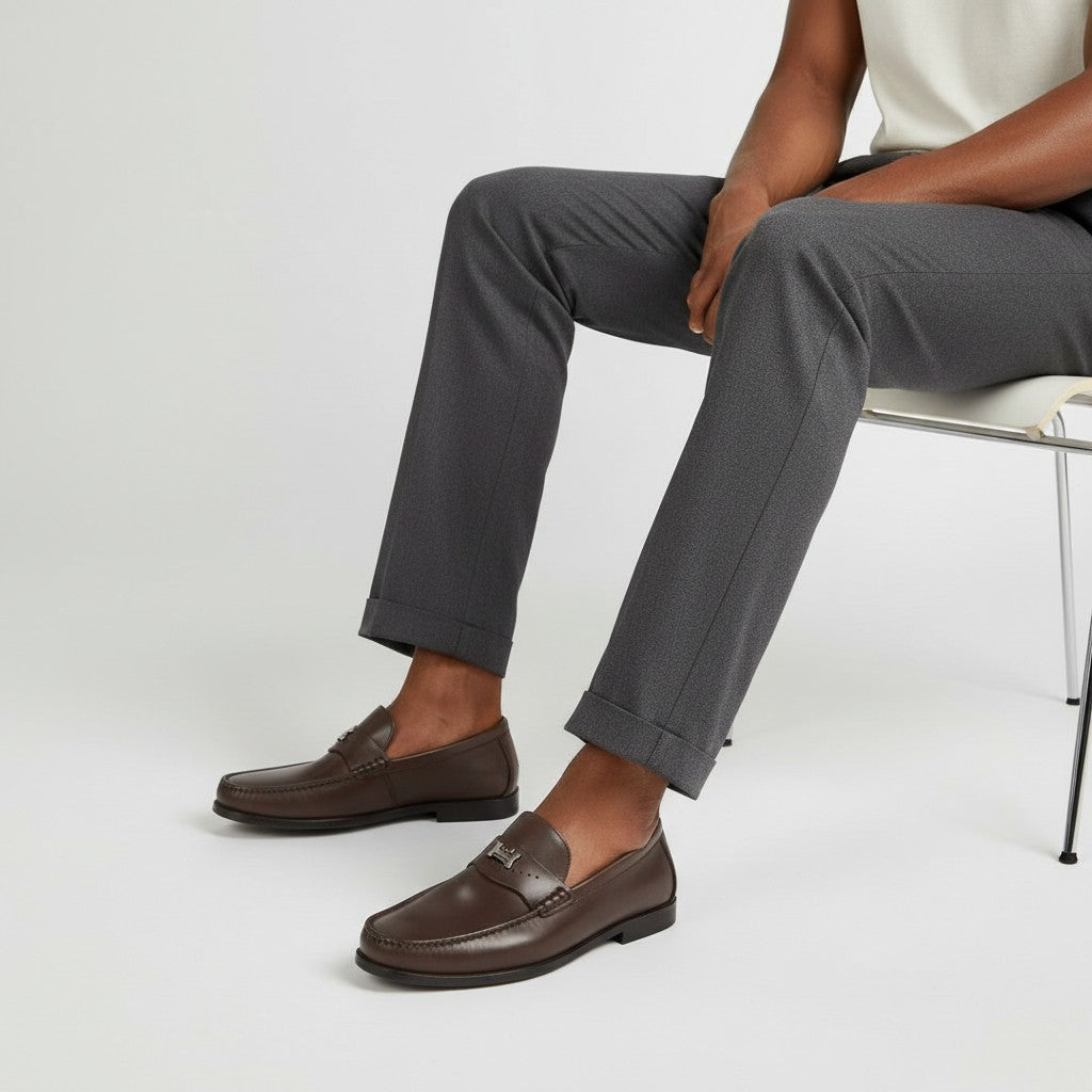 Caramel Leather H-Buckle Scalloped Loafer