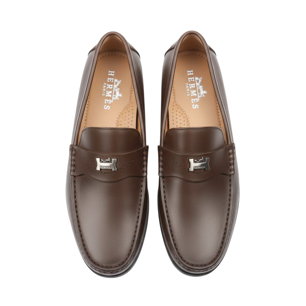 Caramel Leather H-Buckle Scalloped Loafer