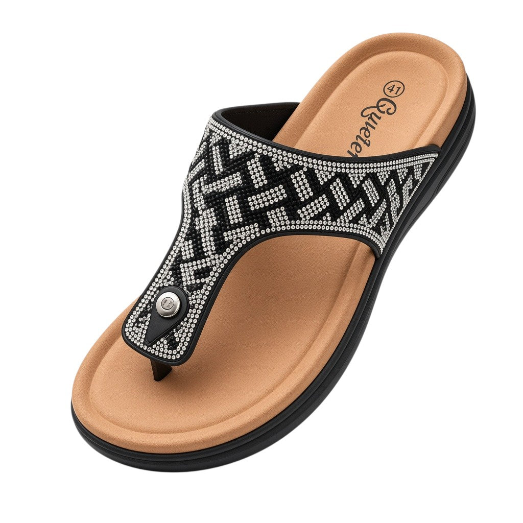 Black Rhinestone Geometric T-Strap Flat Sandal