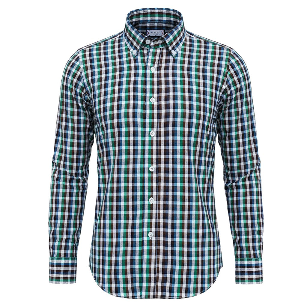 Forest Green Navy Blue and Brown Multi-Colour Plaid Check Long-Sleeve Button-Down Shirt