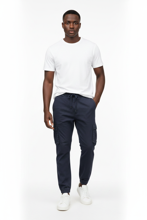 African Male Model - Navy Blue Cargo Jogger Pants