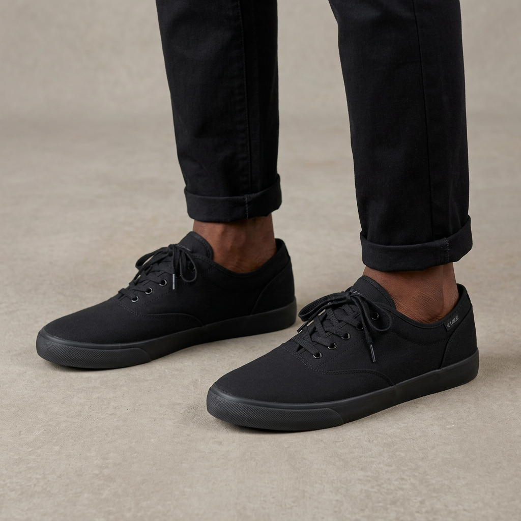 All-black low-top sneakers model preview