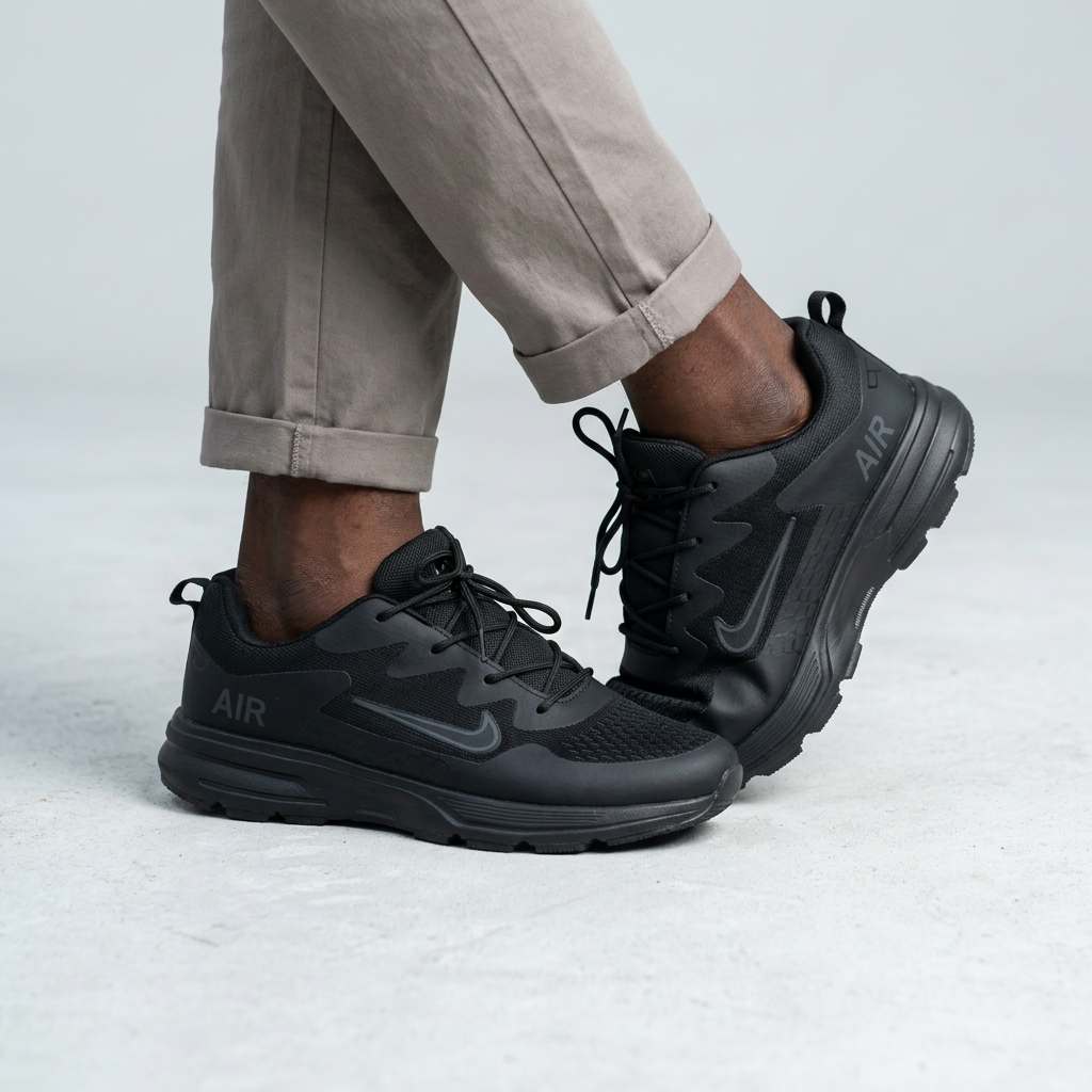 All-black mesh-panel sneakers model preview