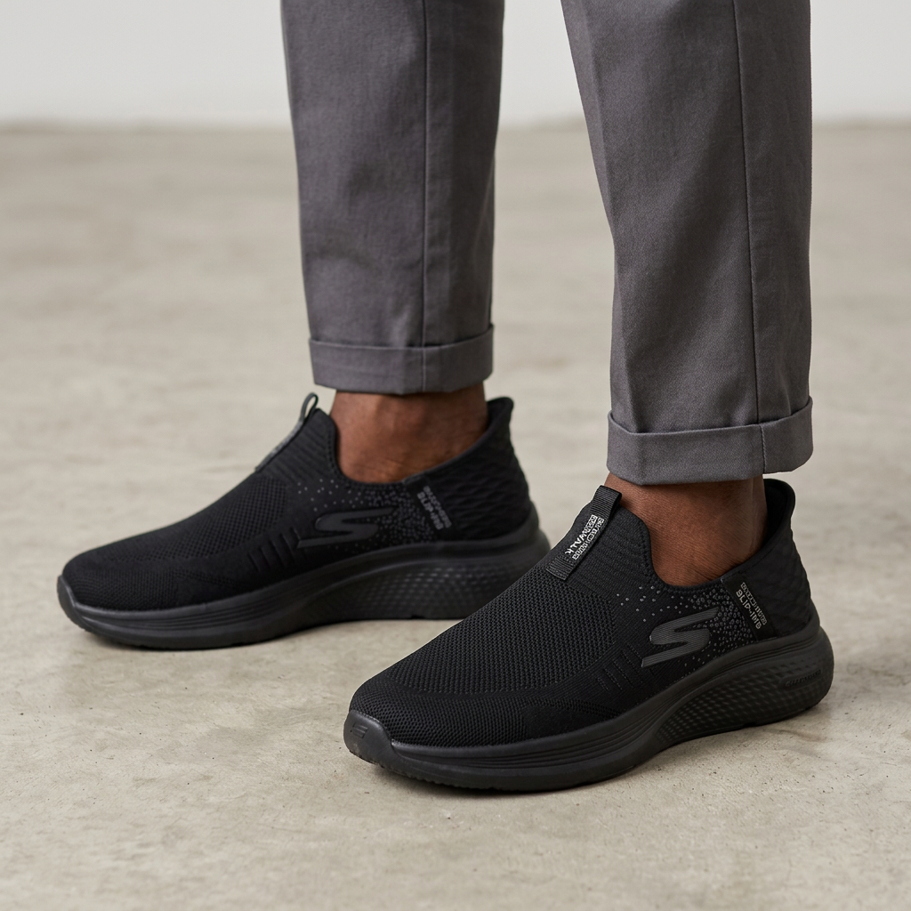 All-black slip-on sneakers model preview
