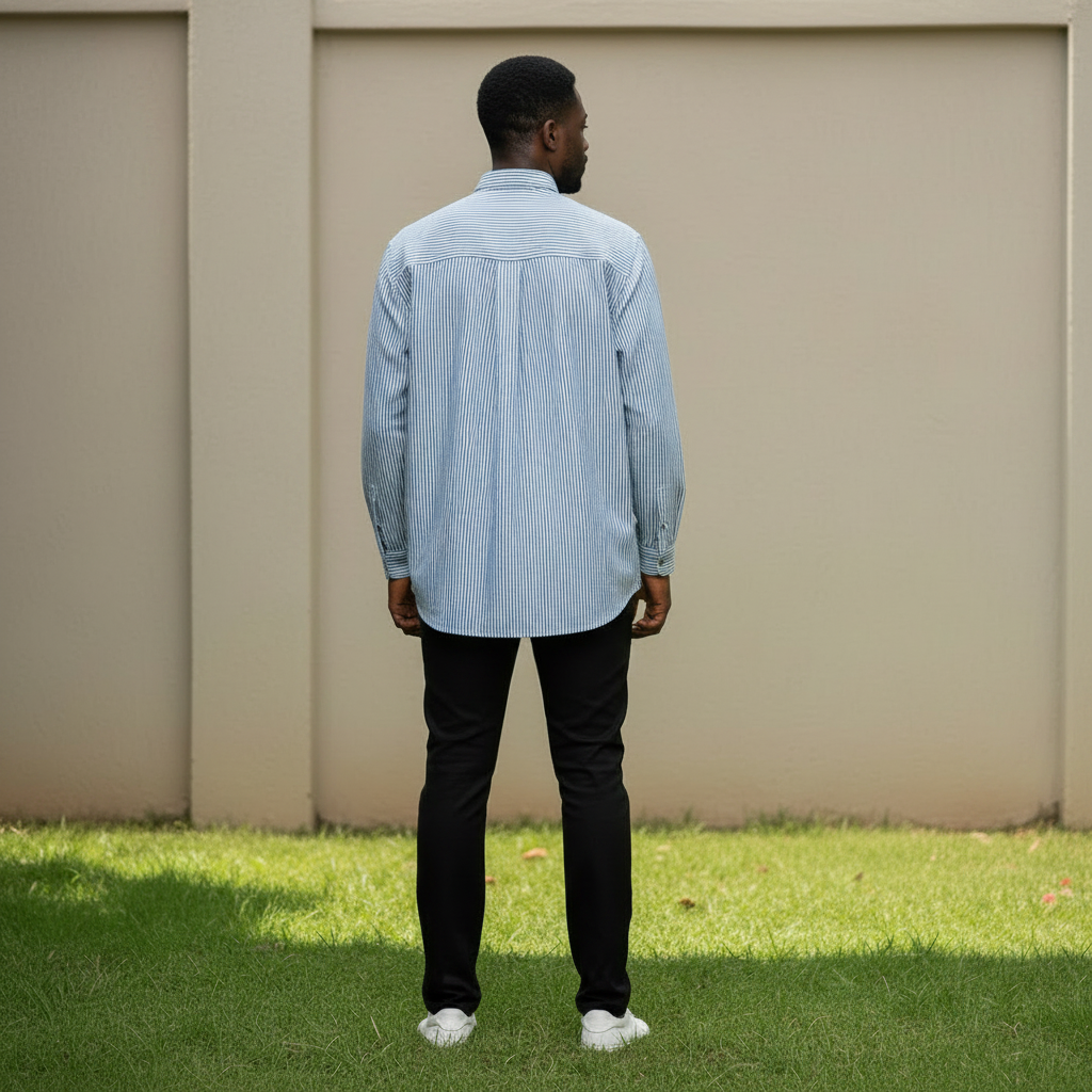 Back View – Blue Pinstripe Long Sleeve Shirt