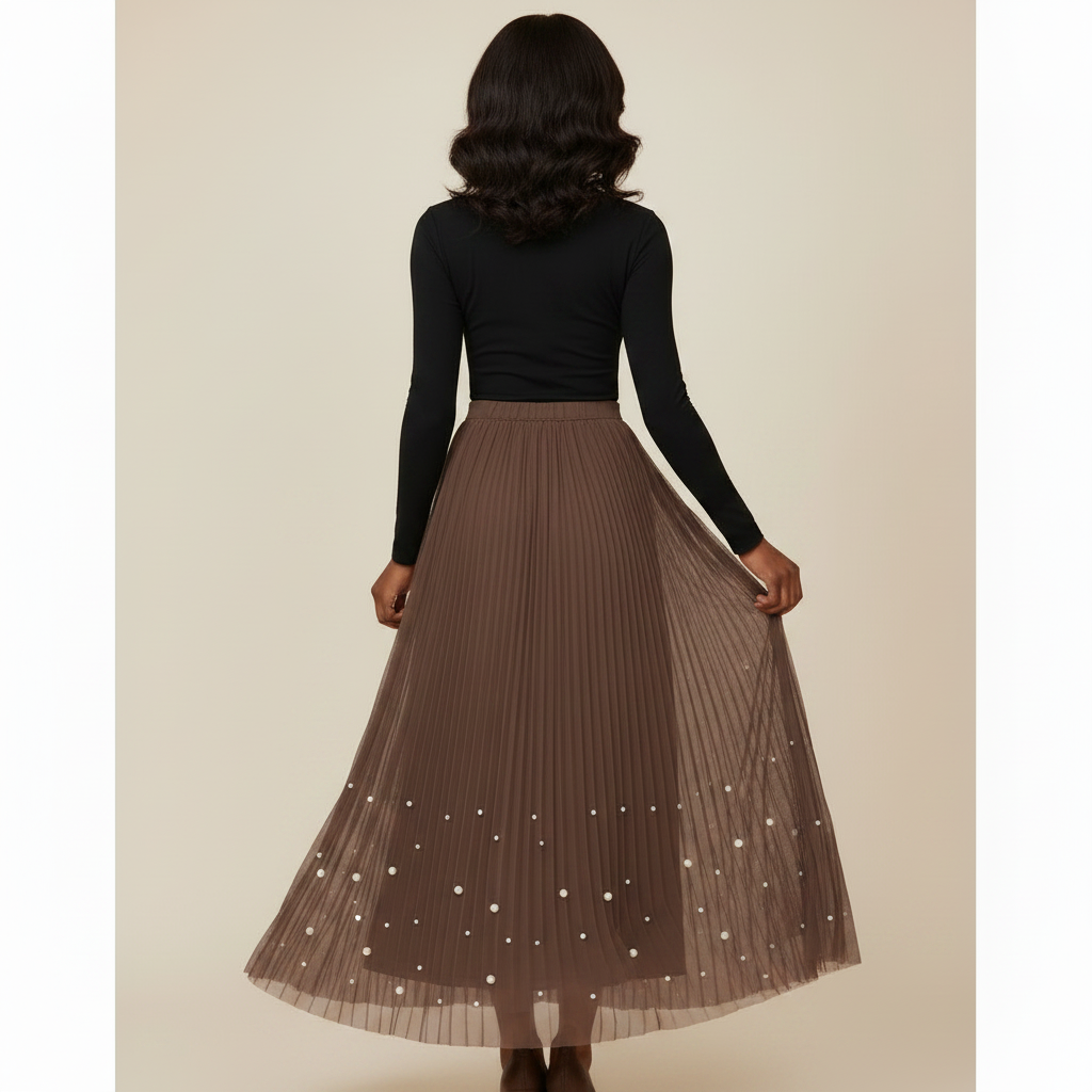 Back view - Brown Pearl Hem Pleated Midi Skirt
