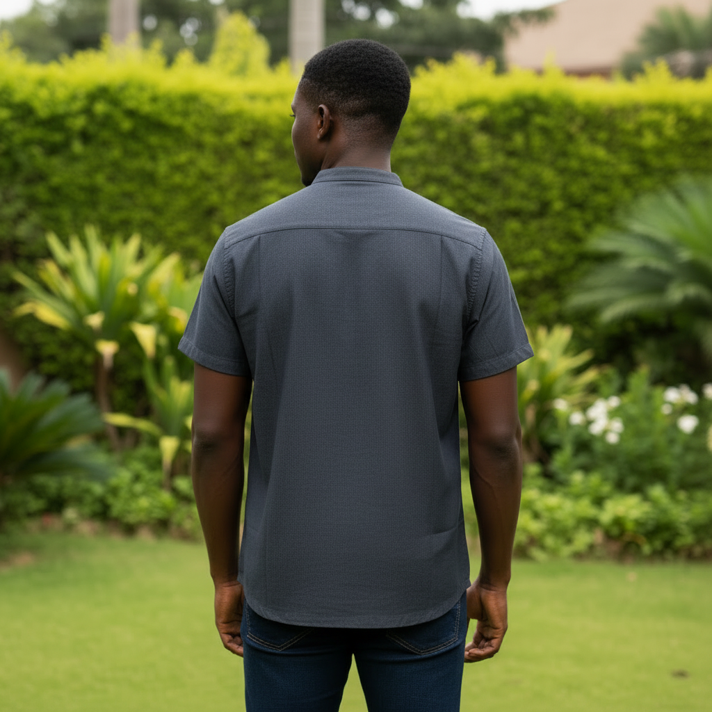 Back View – Dark Grey Mandarin Collar Shirt
