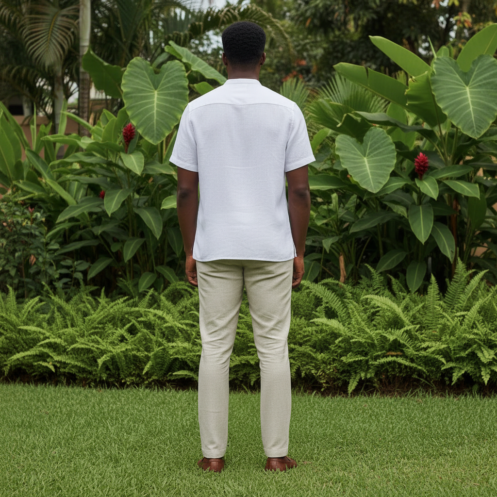 Back View – White Mandarin Collar Linen Shirt