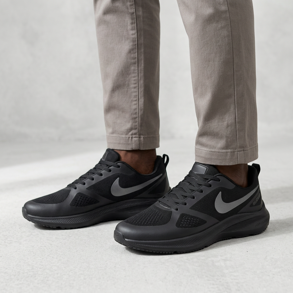 Black and grey sneakers on a model