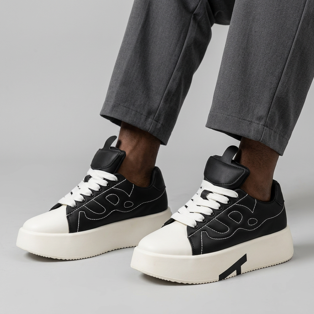 Black and white platform sneaker leg-focused preview
