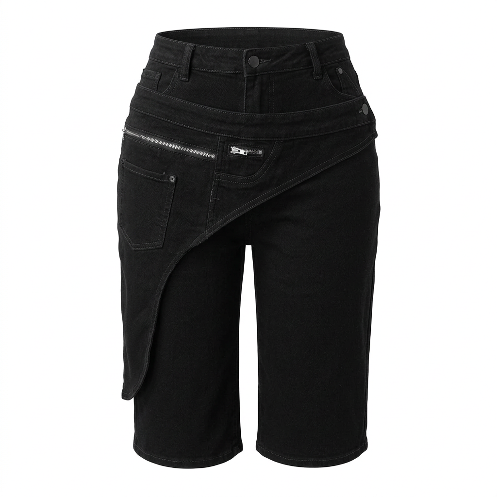 Black asymmetric denim shorts ghost preview