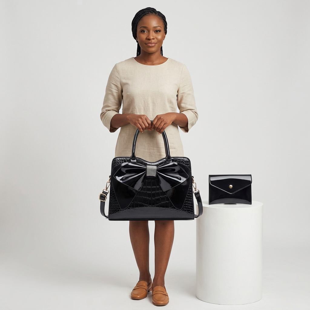 Black bow handbag set model preview