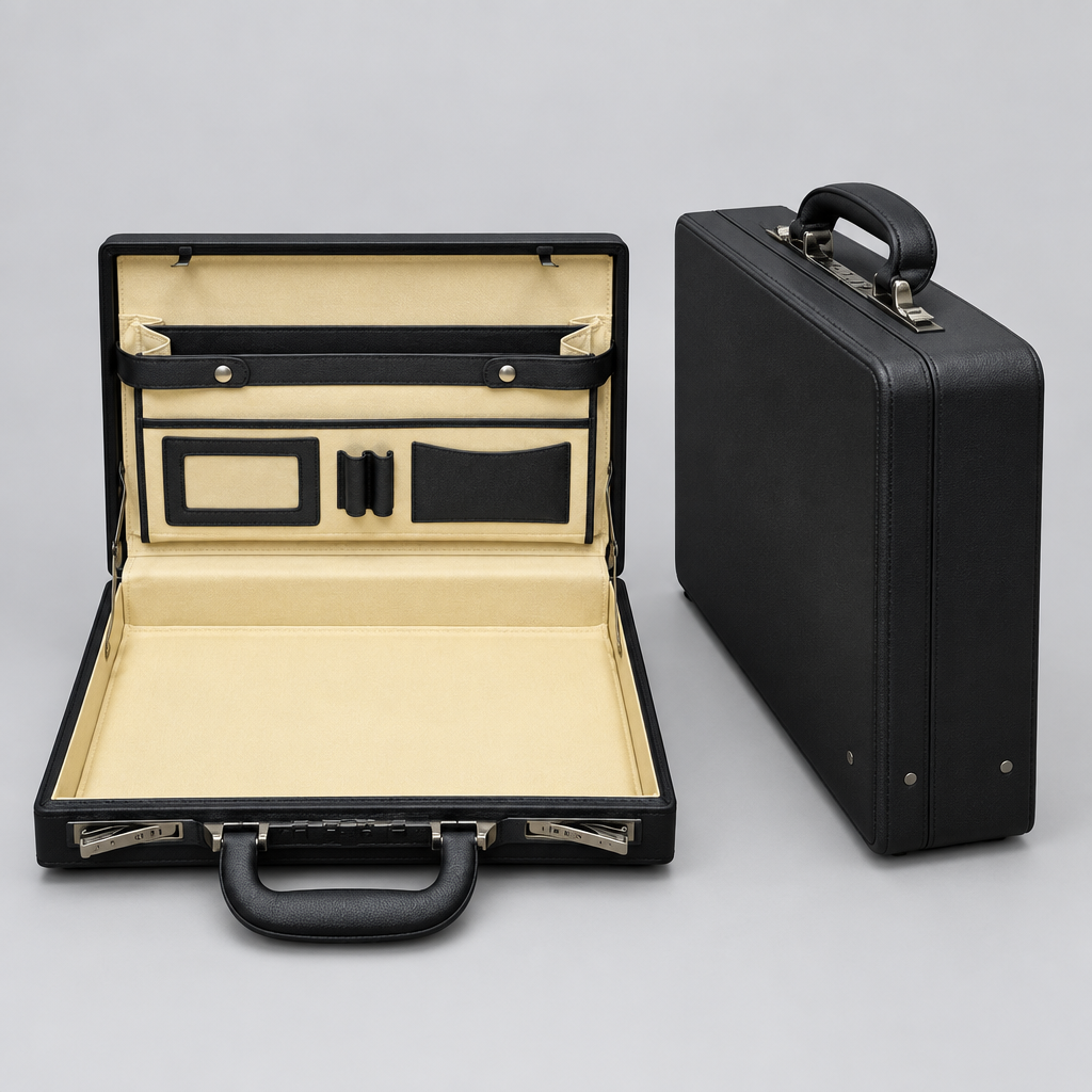 Black briefcase open and closed catalog image
