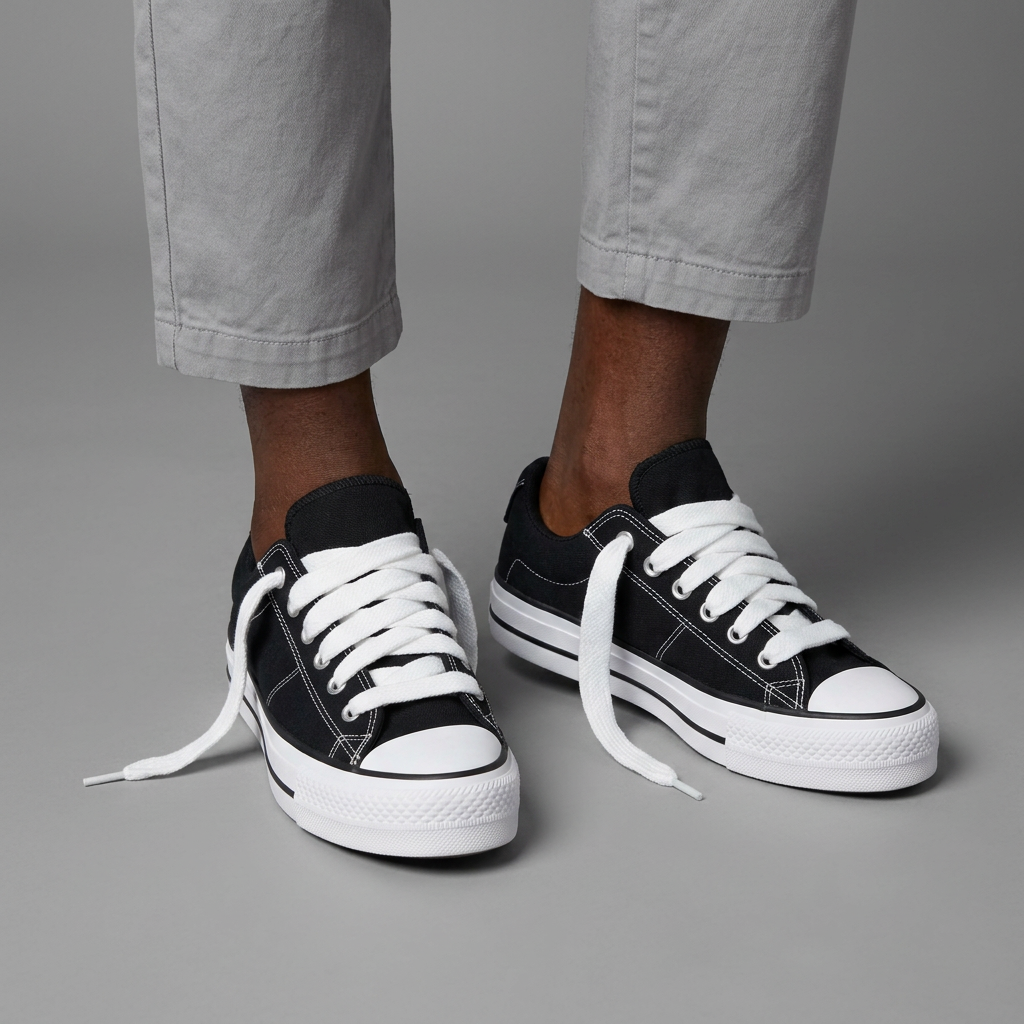 Black canvas sneaker leg-focused preview