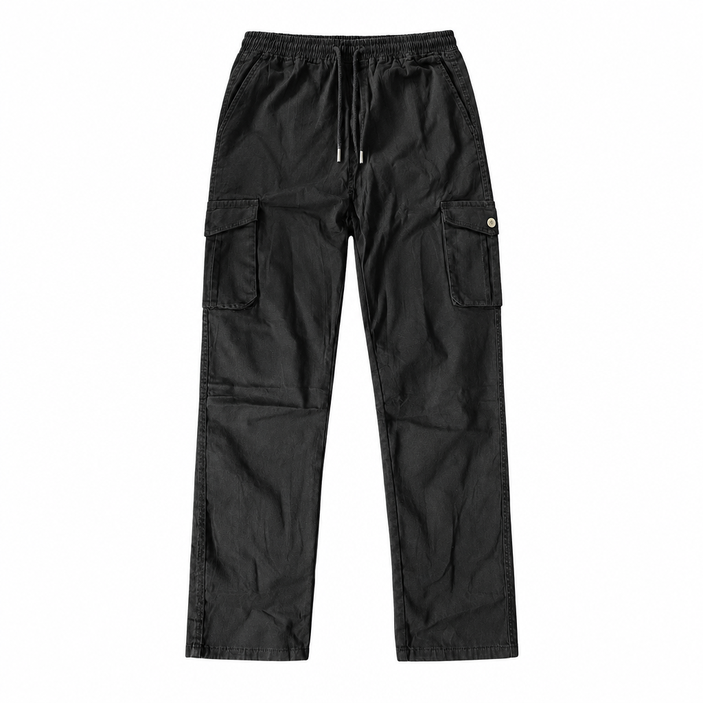 Black cargo trousers ghost mannequin preview