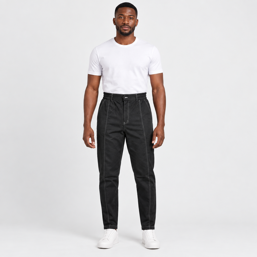 Black contrast-stitch trousers model preview