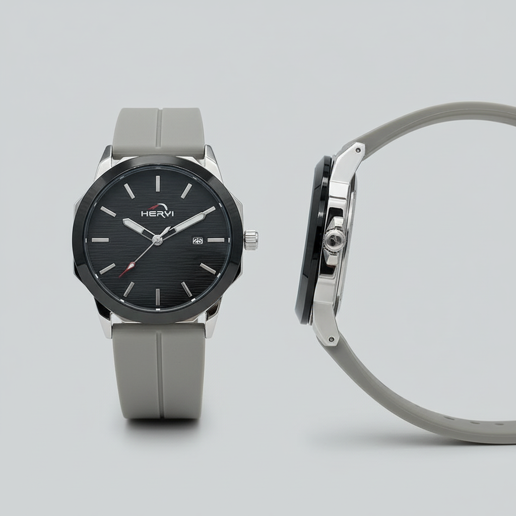 Black dial grey strap watch front and side image