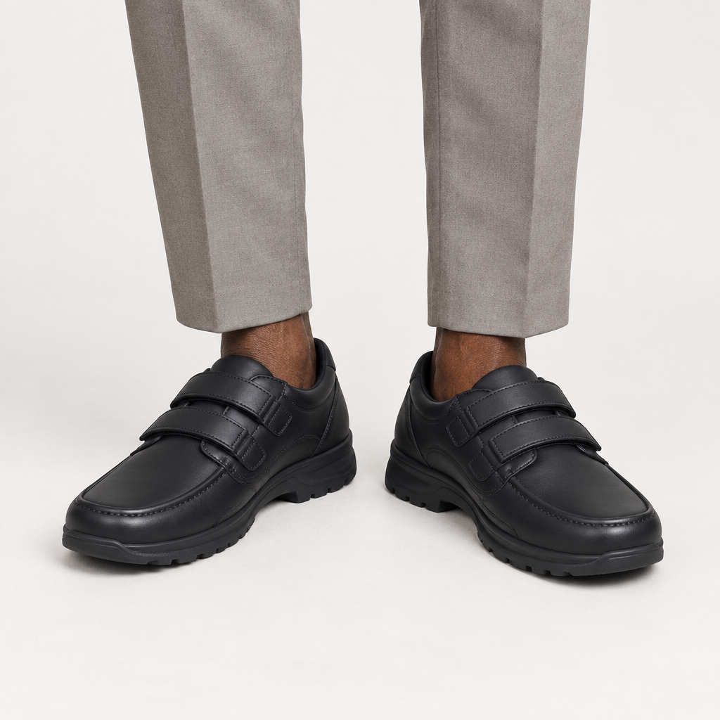 Black double-strap shoes on model