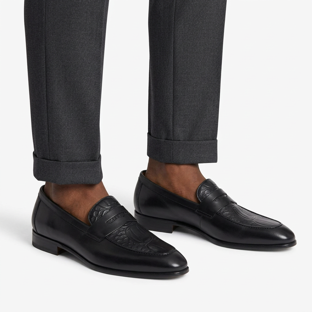 Black embossed penny loafer model preview