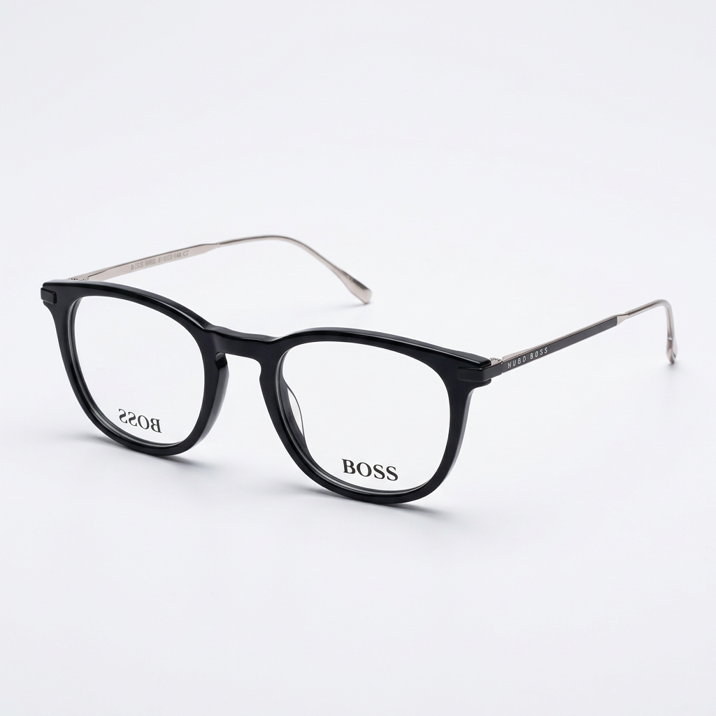 Black glasses with silver-tone arms, studio product image