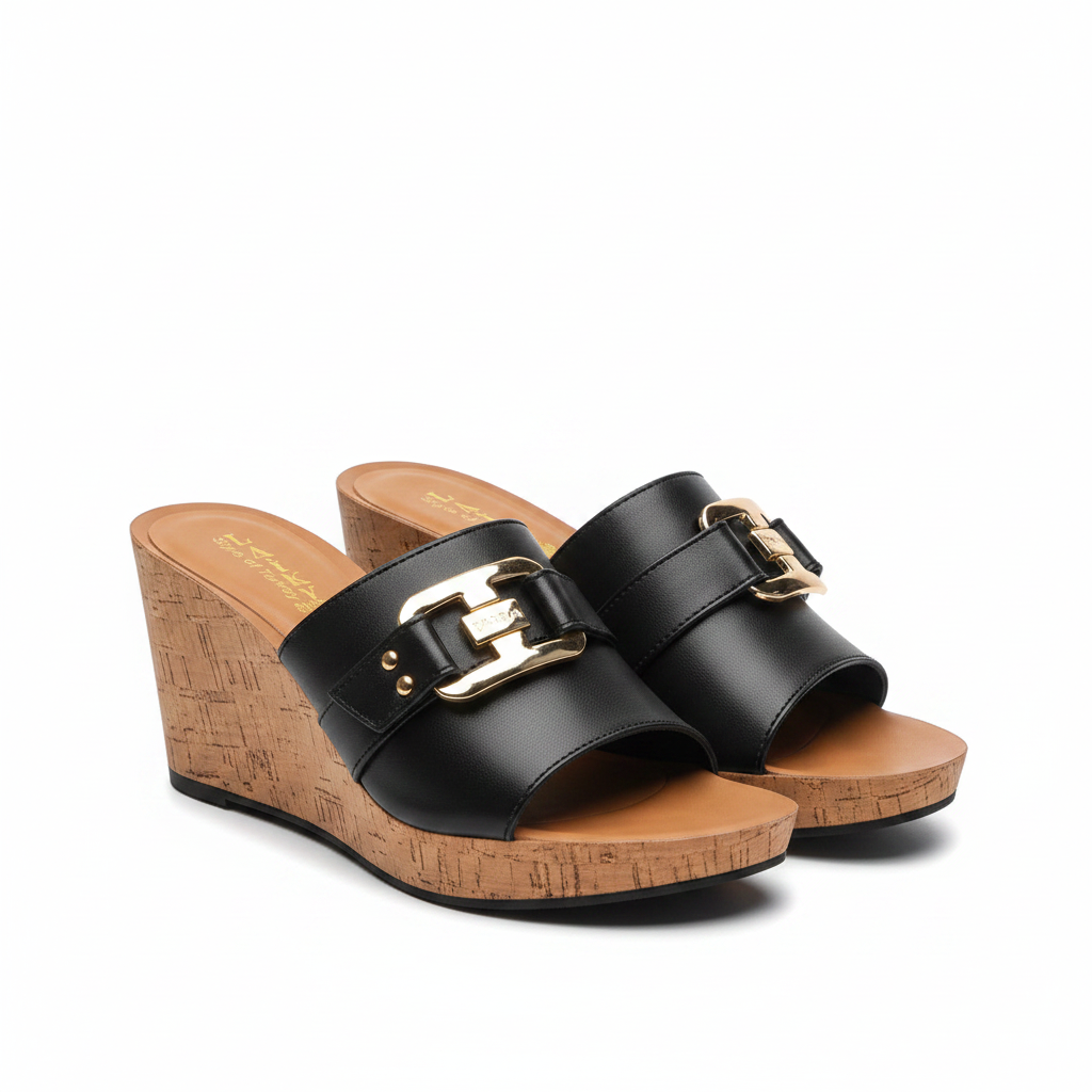 Black Gold Buckle Cork Wedge Mule – Ghost Mannequin