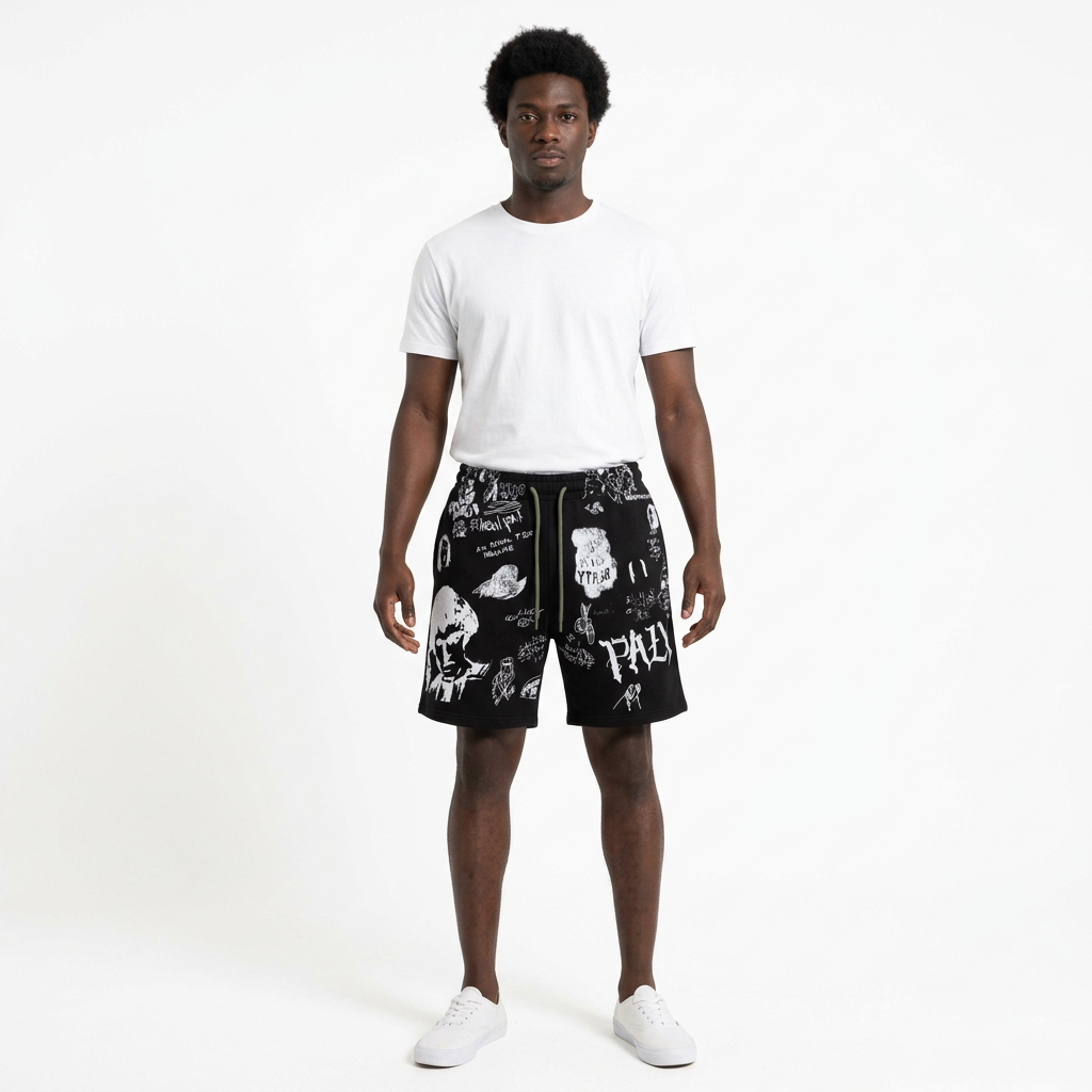 Black graffiti-print shorts model preview