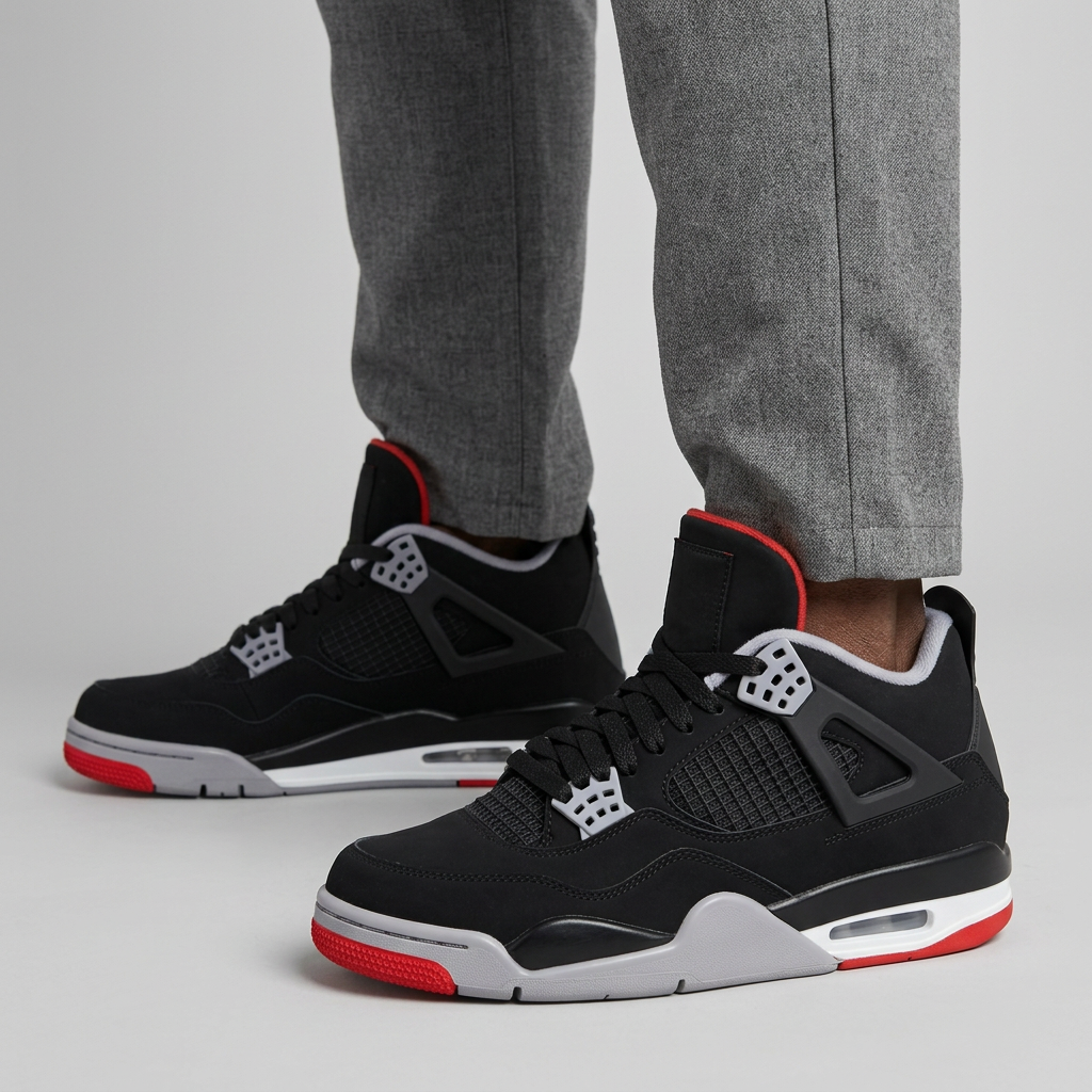 Black grey and red sneakers leg-focused preview