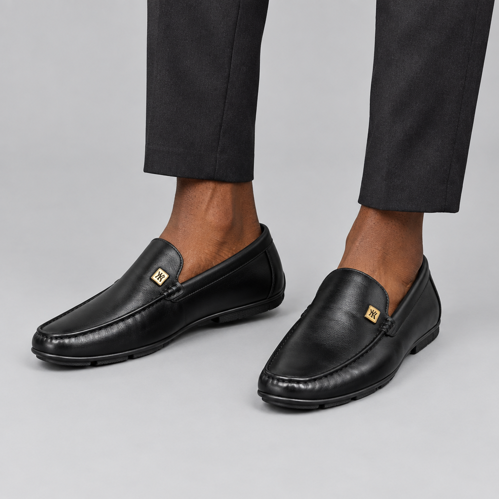 Black Leather Loafer – Model Shot Plain Background