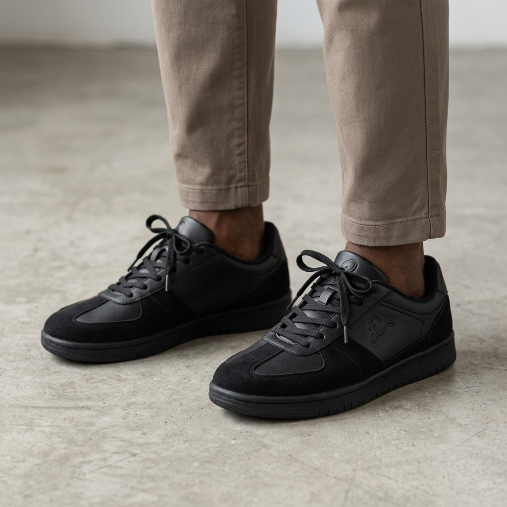 Black panelled sneakers model preview