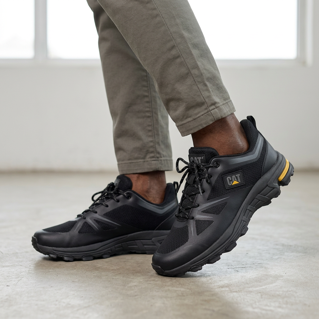 Black panelled sneakers with yellow trim model preview