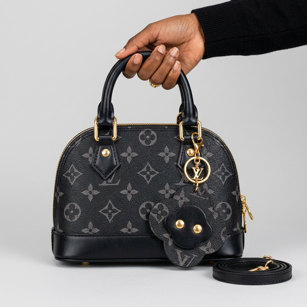 Women’s Black Patterned Dome Handbag with Flower Pouch