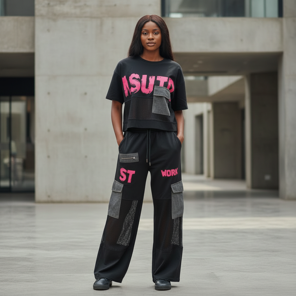 Black Pink Mesh Graphic Cargo Set – Model