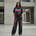 Black Pink Mesh Graphic Cargo Set – Model