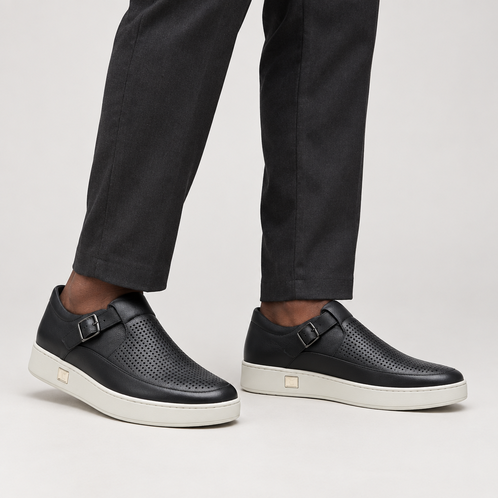 Black slip-ons worn view