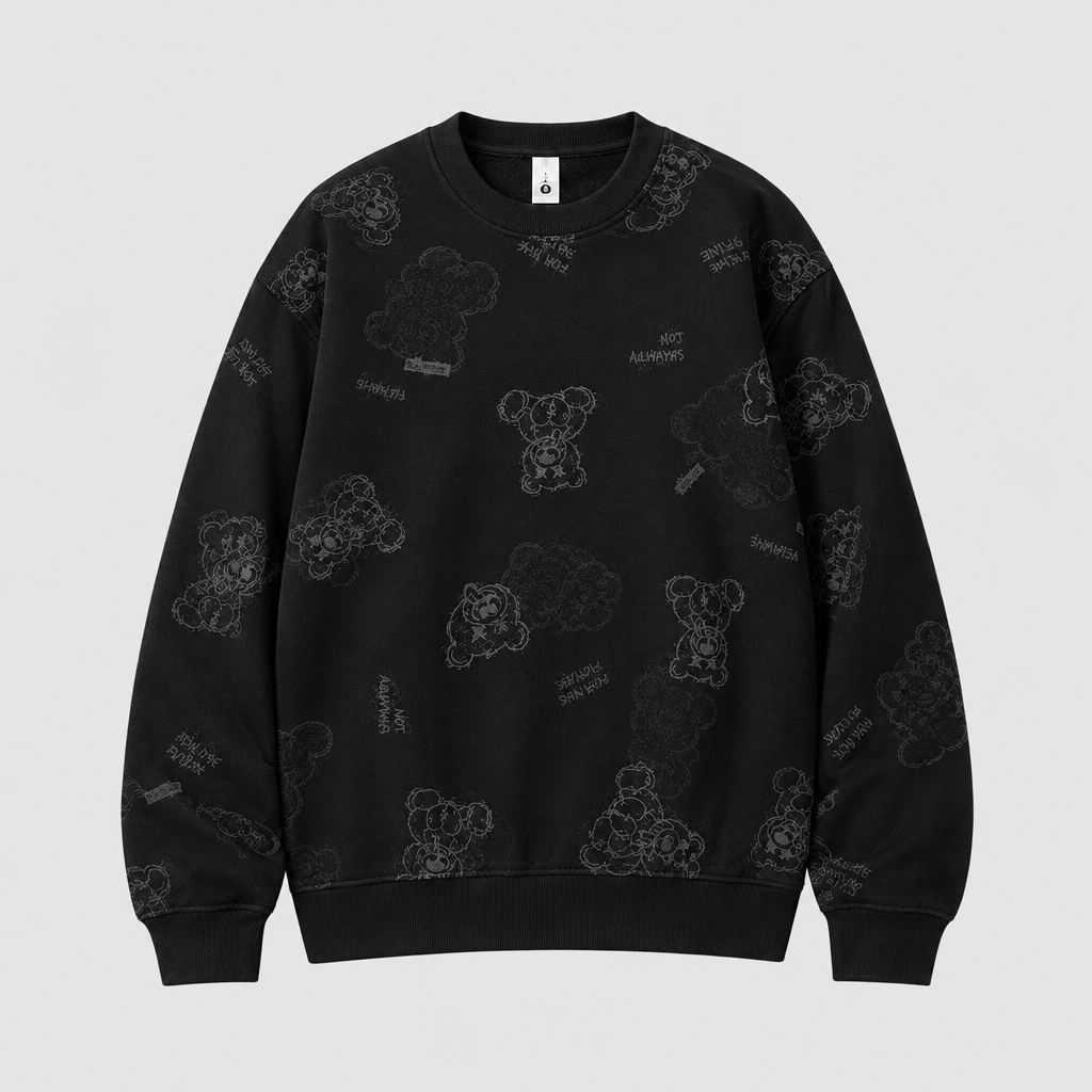 Black sweatshirt with subtle all-over teddy print