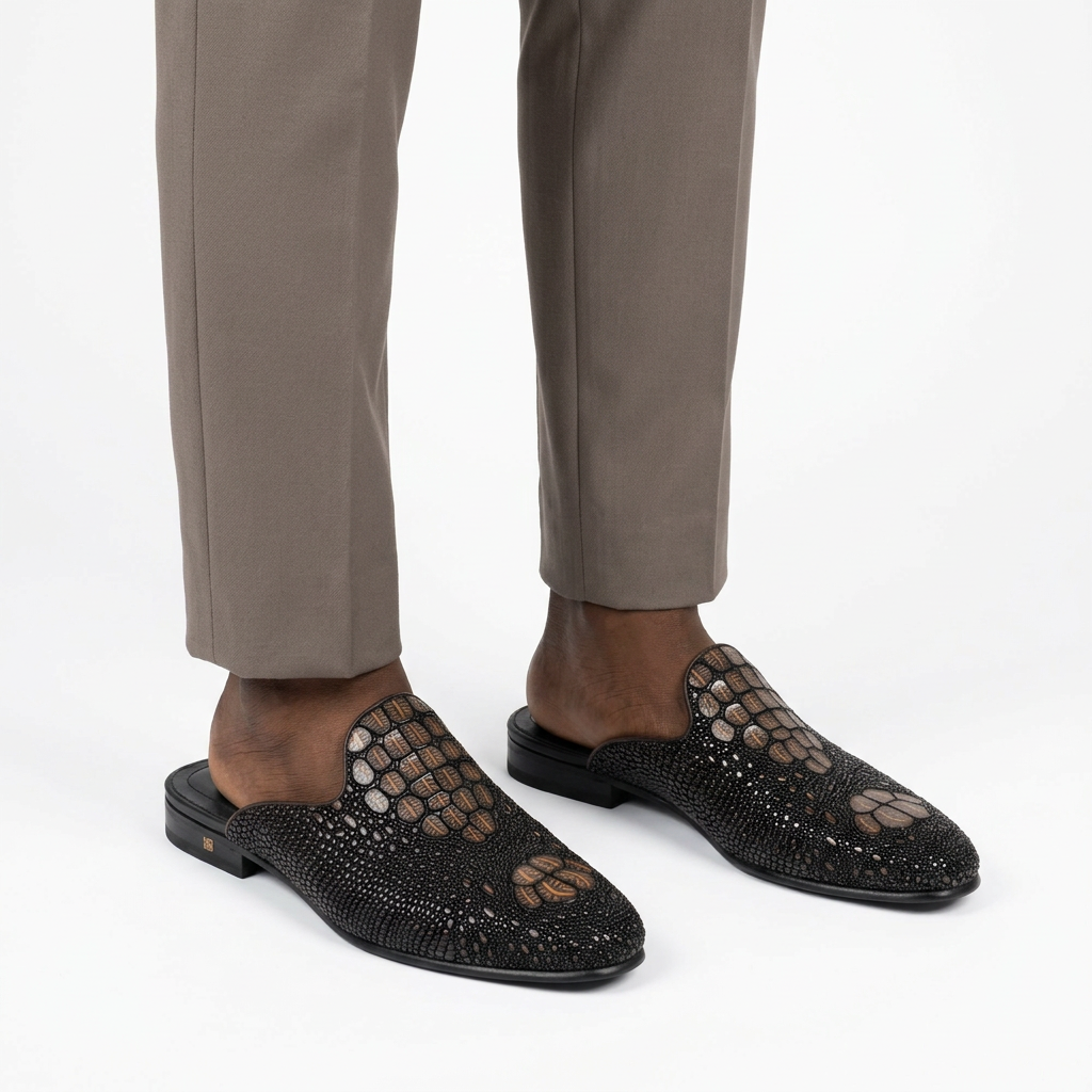 Men’s Black Contrast-Scale Mule Shoes