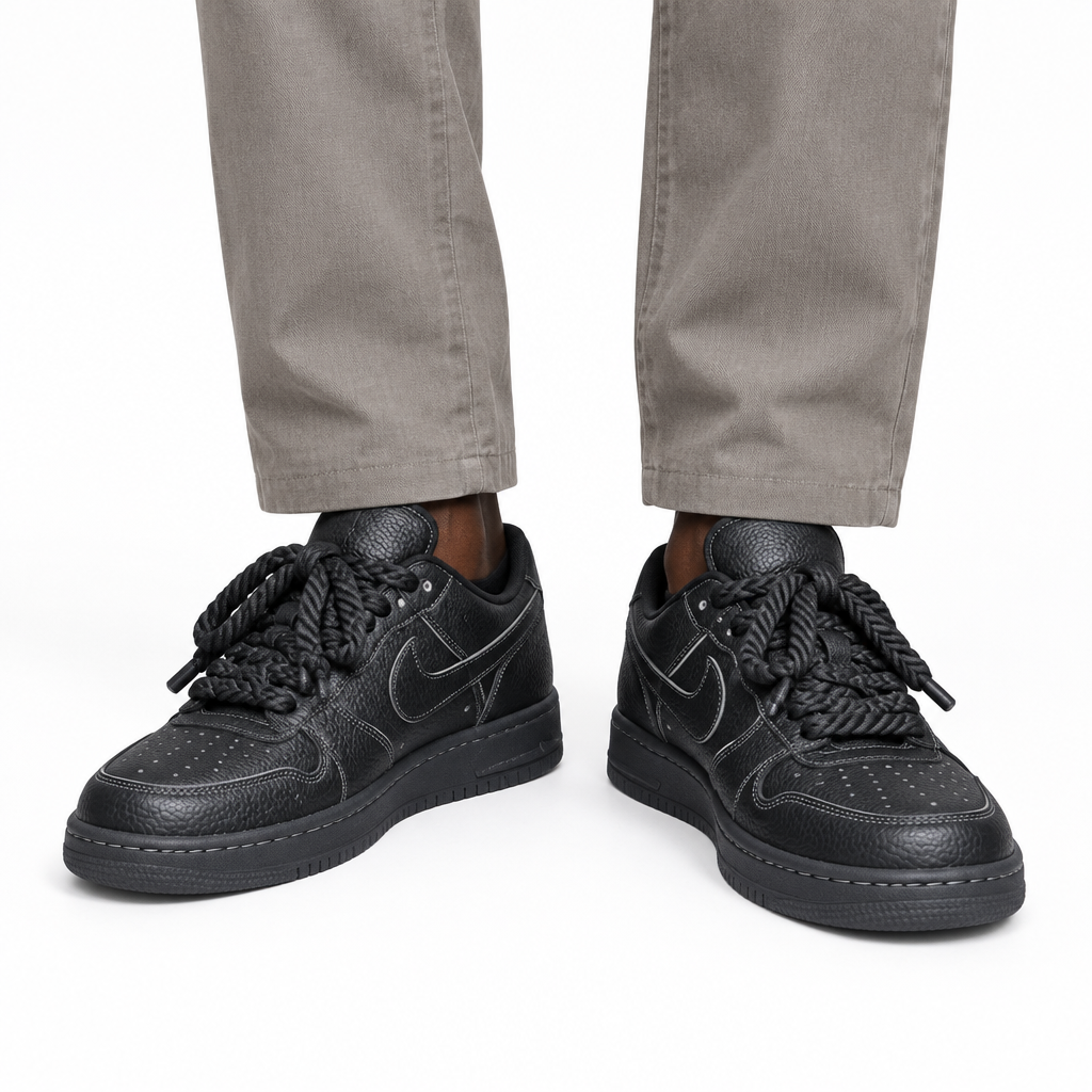 Black textured shoes on model