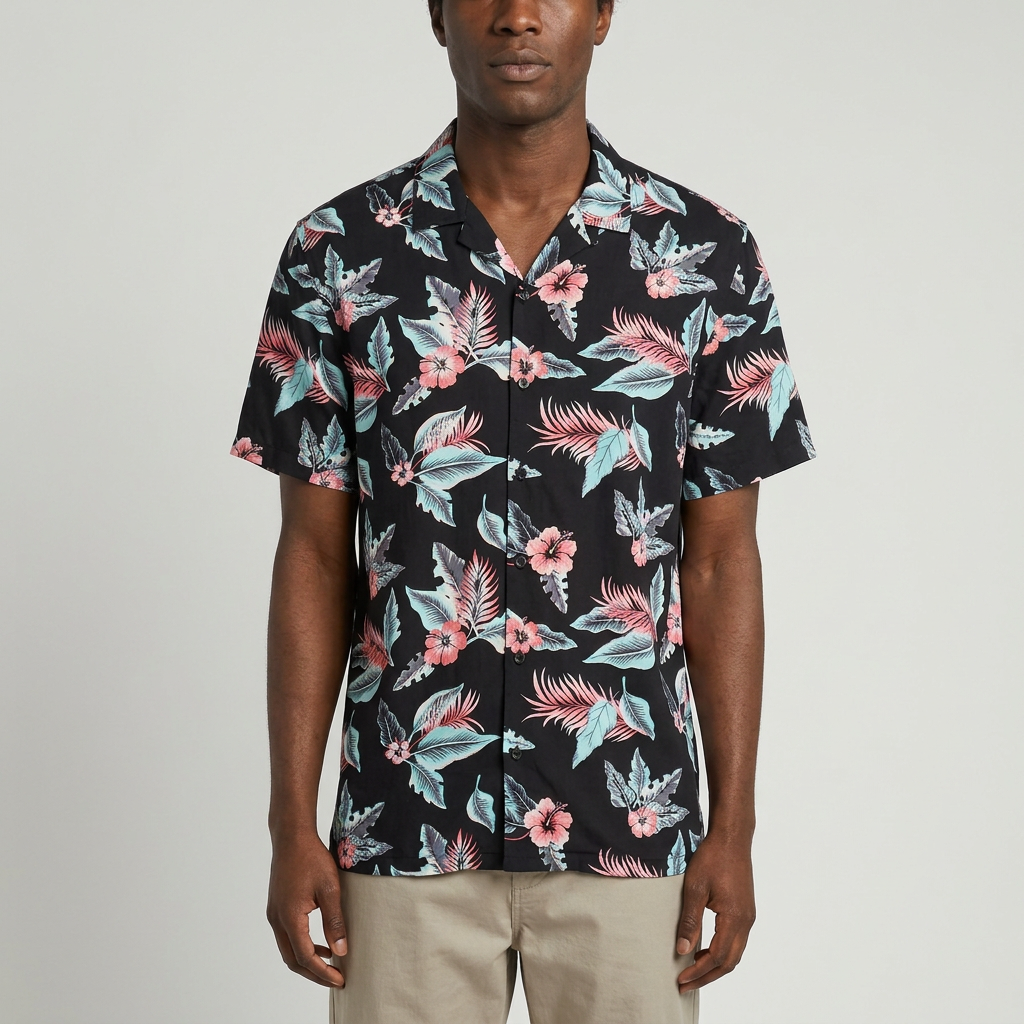 Black tropical floral shirt model preview