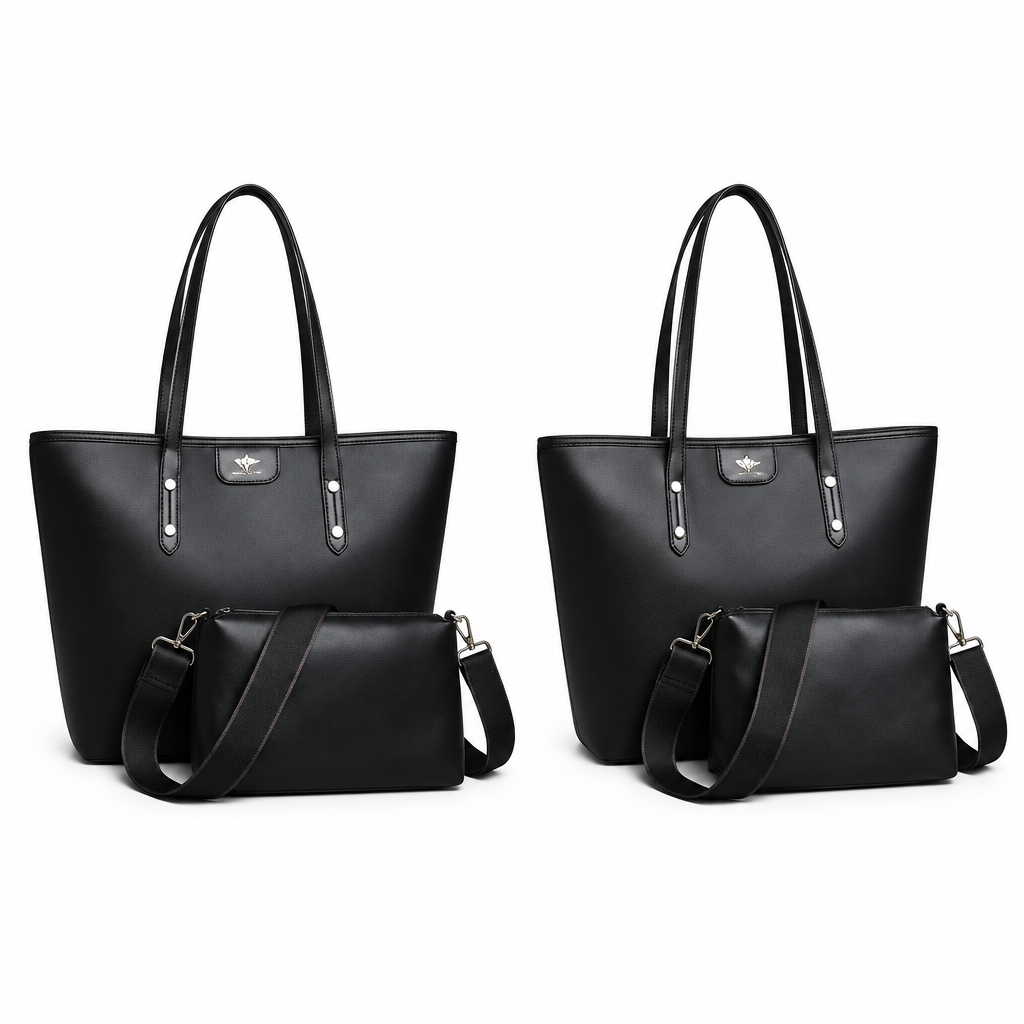 Black two-piece tote bag set shown in front and side catalog views